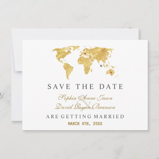 Trendy Elegante Bestemming Goud Wereldkaart Trouwd Save The Date (Voorkant)
