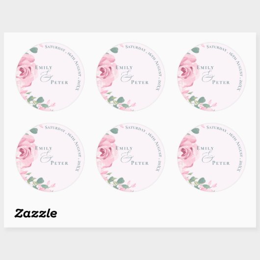 Trendy Elegante Mooie Roze Bloemige Bruiloft Ronde Sticker (Vel)