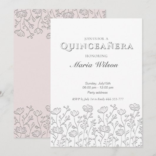 Trendy Embossed moderne bloemen Quinceañera Kaart (Voorkant / Achterkant)