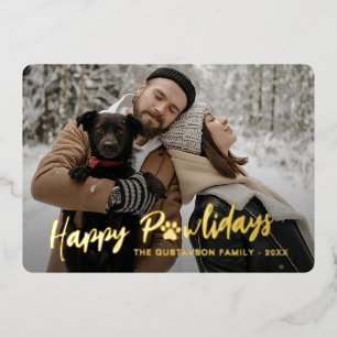 Trendy familiefoto met huisdierpootafdruk Goud Folie Feestdagenkaart