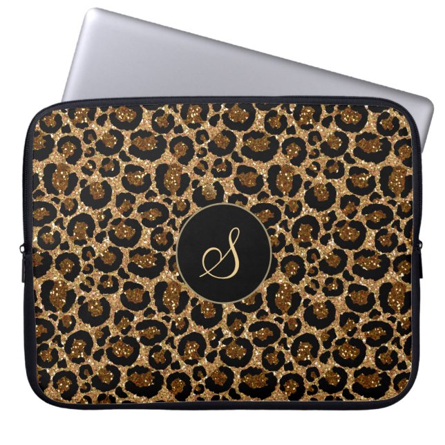 Trendy Faux Glitter Leopard met Monogram Laptop Sleeve (Voorkant)