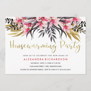 Trendy Faux Gold Glitter Floral Housewarming Party Kaart