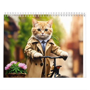 : Trendy Feline Avontuur: Kat in trenchcoat op B Kalender