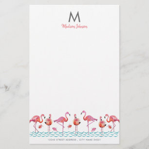 Trendy flamingo roze en blauwe vogels monogram tek briefpapier