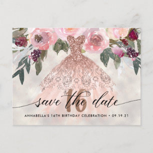 Trendy Floral Foto Sweet 16 Save the Date Briefkaart