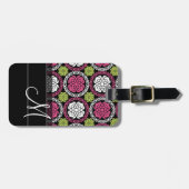 Trendy Floral Pattern Hot Pink and Black Monogram Bagagelabel (Voorkant horizontaal)