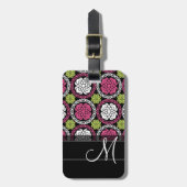 Trendy Floral Pattern Hot Pink and Black Monogram Bagagelabel (Voorkant verticaal)