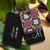 Trendy Floral Pattern Hot Pink and Black Monogram Bagagelabel