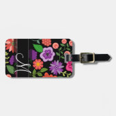 Trendy Floral Pattern Hot Pink and Black Monogram Bagagelabel (Voorkant horizontaal)