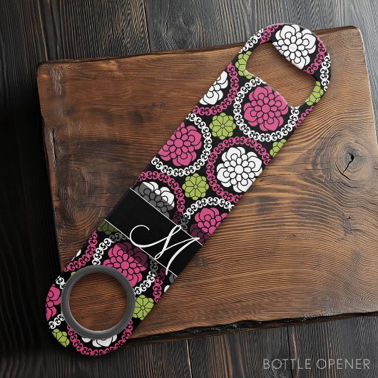 Trendy Floral Pattern Hot Pink and Black Monogram Speed Flessenopener