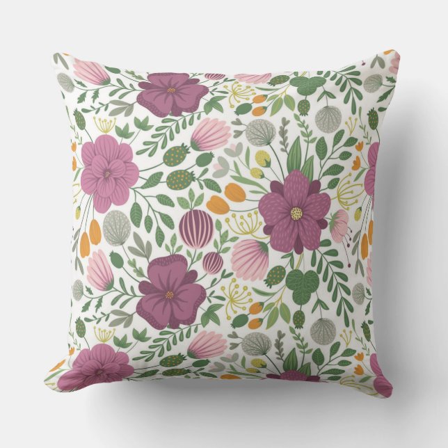 Trendy Floral Pattern Pink Yellow Paars Greenery Kussen (Voorkant)