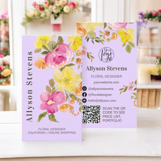 Trendy floral waterverf lavendel logo qr code visitekaartje