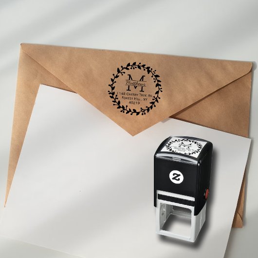 Trendy Floral Wreath Custom Monogram Zelfinktende Stempel