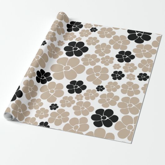 Trendy Flower Pattern in Taupe, Black en White Cadeaupapier (Uitgerold)