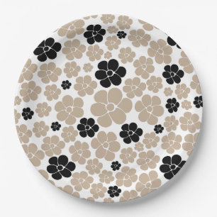 Trendy Flower Pattern in Taupe, Black en White Papieren Bordje