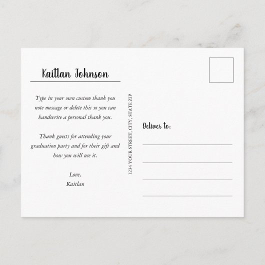 Trendy foto afstuderen witte script bedankt briefkaart (Achterkant)