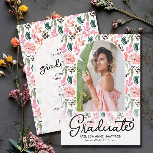 Trendy Foto op Bloemen Afstuderen Party Uitnodigin Kaart