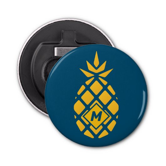 Trendy Geometric Pineapple Blue Monogram Button Flesopener (Voorkant)