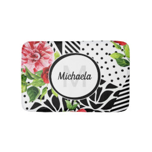 Trendy Geometric Stripe Pattern Red Foral Monogram Badmat