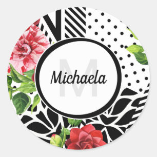 Trendy Geometric Stripe Pattern Red Foral Monogram Ronde Sticker