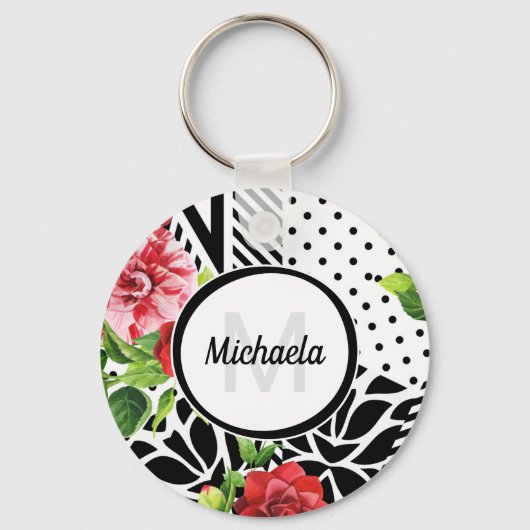 Trendy Geometric Stripe Pattern Red Foral Monogram Sleutelhanger (Voorkant)