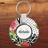 Trendy Geometric Stripe Pattern Red Foral Monogram Sleutelhanger (Voorkant)