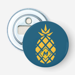 Trendy geometrische ananas blauwe monogram button flesopener