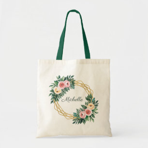 Trendy gepersonaliseerde naam Botanical Gold Green Tote Bag