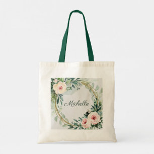 Trendy gepersonaliseerde naam Botanical Gold Green Tote Bag