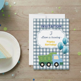 Trendy Gingham Blue Construction 3rd Birthday Kaart