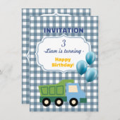 Trendy Gingham Blue Construction 3rd Birthday Kaart (Voorkant / Achterkant)