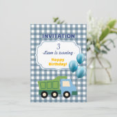 Trendy Gingham Blue Construction 3rd Birthday Kaart (Staand voorkant)