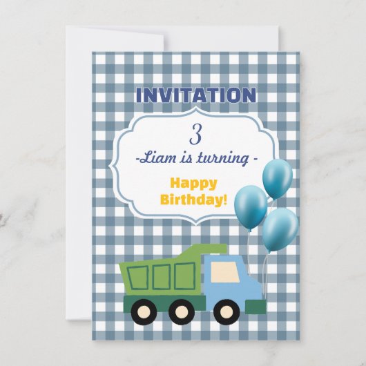 Trendy Gingham Blue Construction 3rd Birthday Kaart (Voorkant)