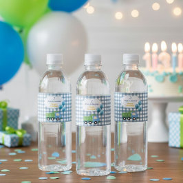 Trendy Gingham Blue Construction 3rd Birthday Waterfles Etiket