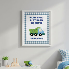 Trendy Gingham Blue Work Hard Play Hard Boys Room Poster