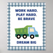 Trendy Gingham Blue Work Hard Play Hard Boys Room Poster (Voorkant)