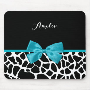 Trendy Giraffe Animal Print Turquoise Bow and Name Muismat
