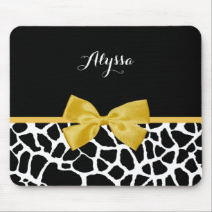 Trendy Giraffe Animal Print Yellow Bow met naam Muismat