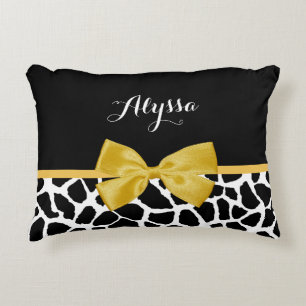 Trendy Giraffe print Golden Yellow Bow met naam Decoratief Kussen