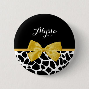 Trendy Giraffe print Golden Yellow Bow met naam Ronde Button 5,7 Cm