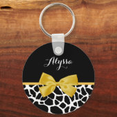 Trendy Giraffe print Golden Yellow Bow met naam Sleutelhanger (Voorkant)