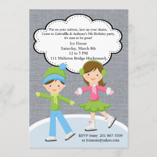 Trendy Girl & Boy Ice Skating Birthday Invitation Kaart