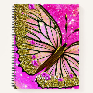 Trendy Girl Pink and Gold Butterfly Custom Name Notitieboek