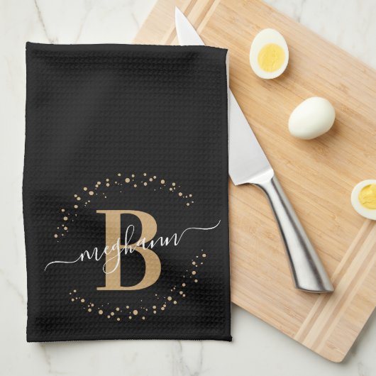 Trendy Girly Black Gold Naam Monogram Script Theedoek (Quarter Fold)