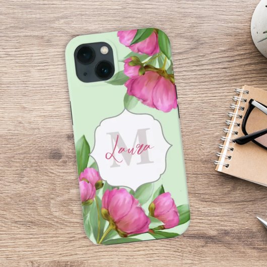 Trendy Girly Floral Peony Monogrammed Case-Mate iPhone Case