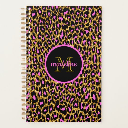 Trendy Girly Pink Leopard Print Monogrammed Planner (Voorkant)