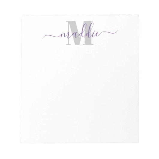 Trendy Girly Script Monogram, Paars en grijs Notitieblok (Voorkant)