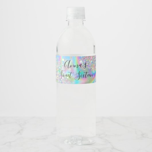 Trendy Glam Faux Holographic Rainbow Sweet 16 Waterfles Etiket (Voorkant)