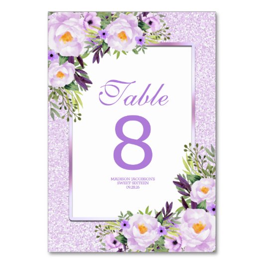 Trendy Glitter Paarse Floral Sweet 16 Kaart (Voorkant)
