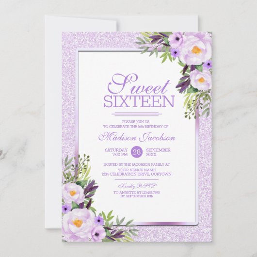 Trendy Glitter Paarse Floral Sweet 16 Party Kaart (Voorkant)